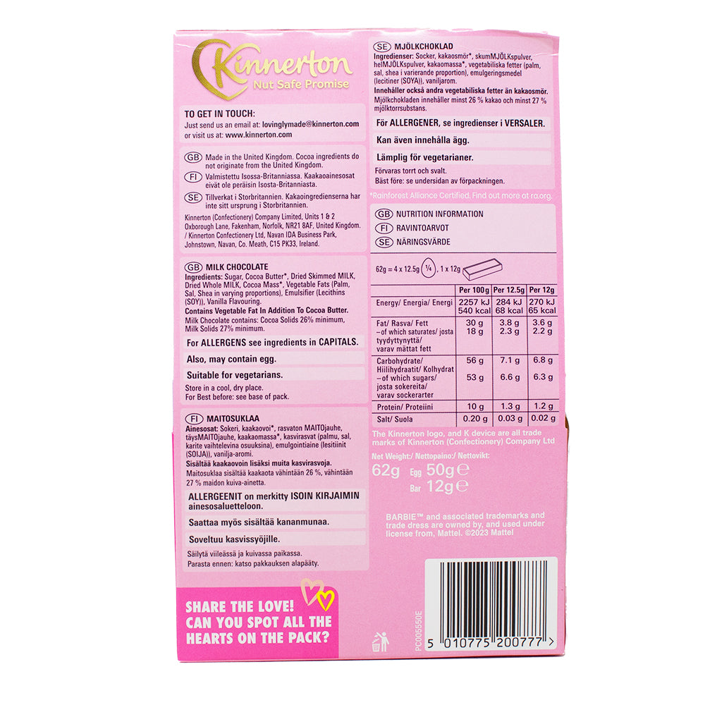 Kinnerton Barbie Egg & Bar - 62g  Nutrition Facts Ingredients