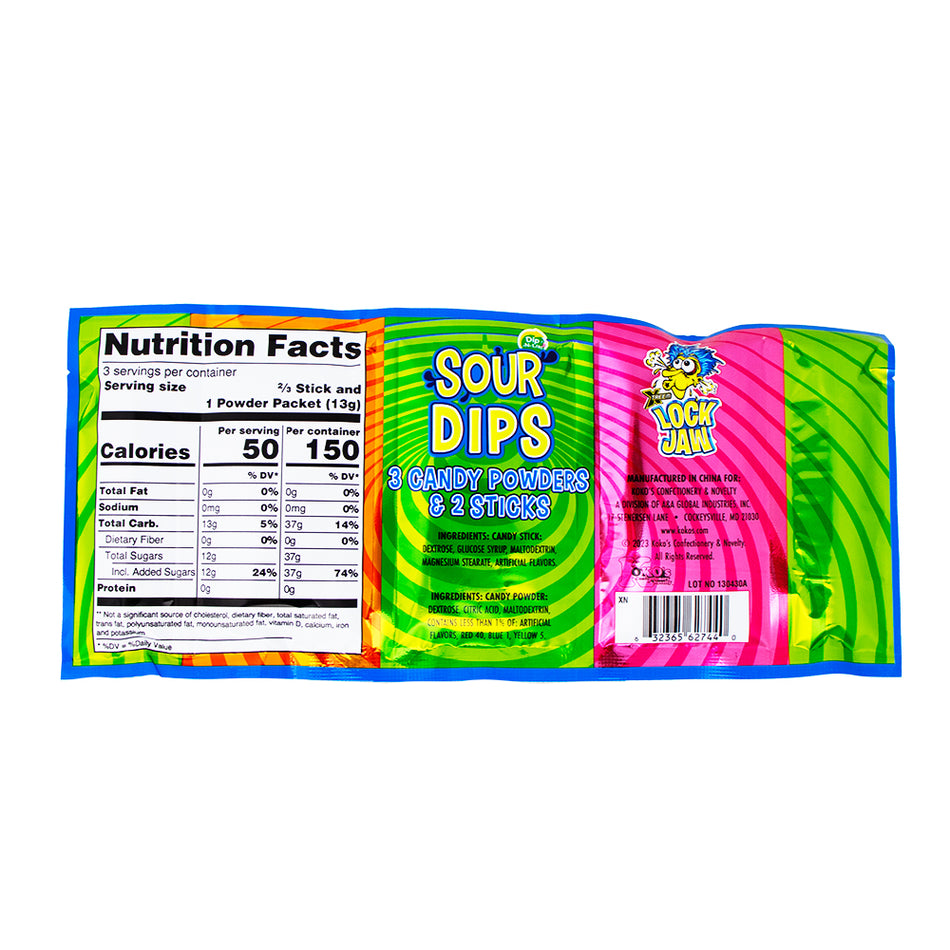 Lock Jaw 3 Piece Dips Sour Powder Sticks - 1.41oz  Nutrition Facts Ingredients